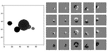 A depth buffer produced by rendering five spheres via SDF marching, and the per-pixel gradients of each parameter.